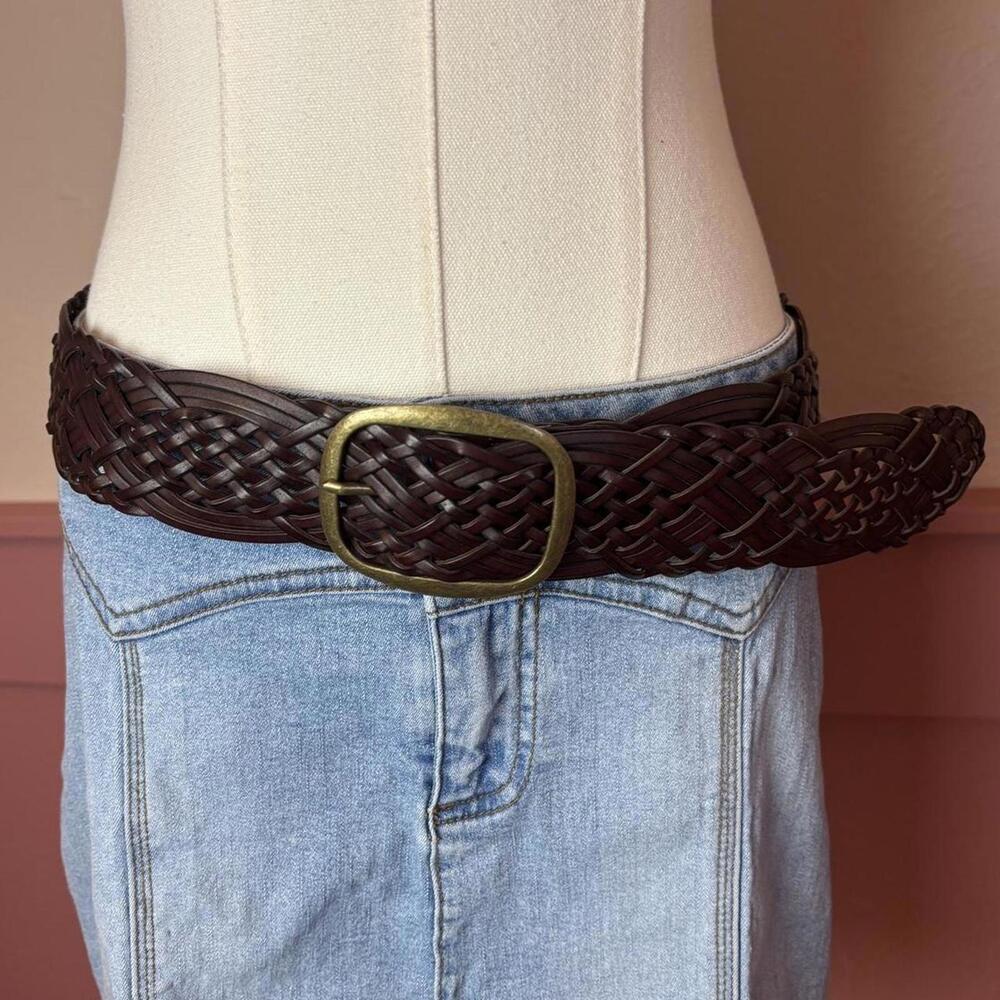 brown woven leather belt with bronze buckle boho western indie - Picture 1 of 5